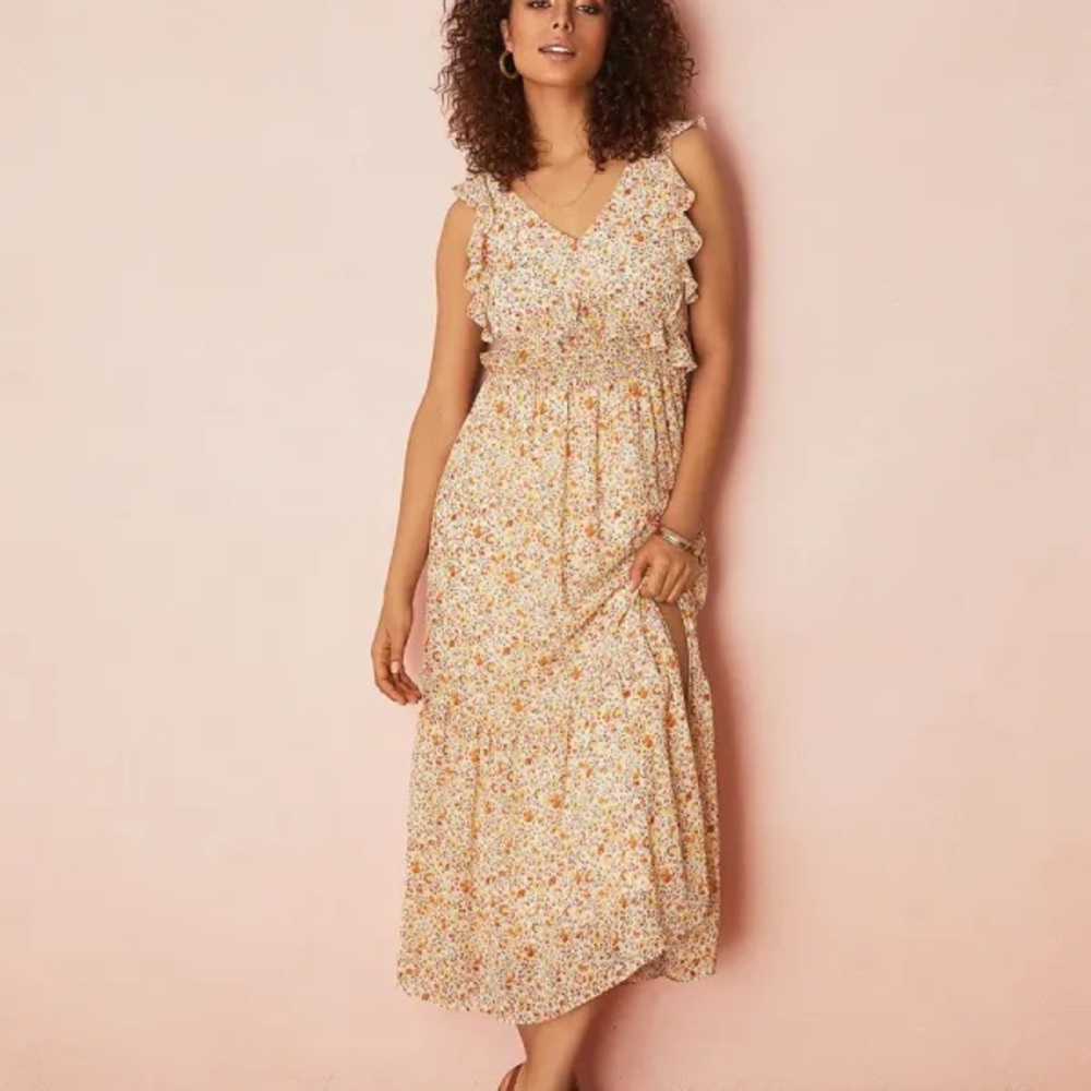 Suzy Shier Ruffle Midi Dress in Cream and Orange Floral